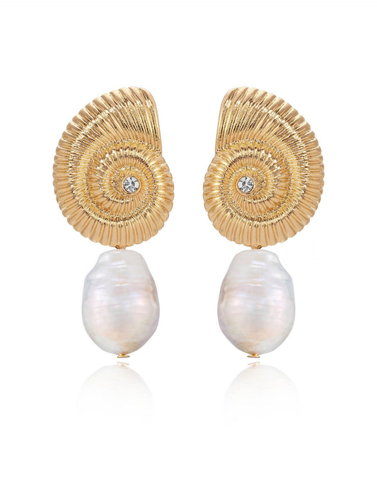 Freshwater Pearl Earrings with Nautilus Shell Design