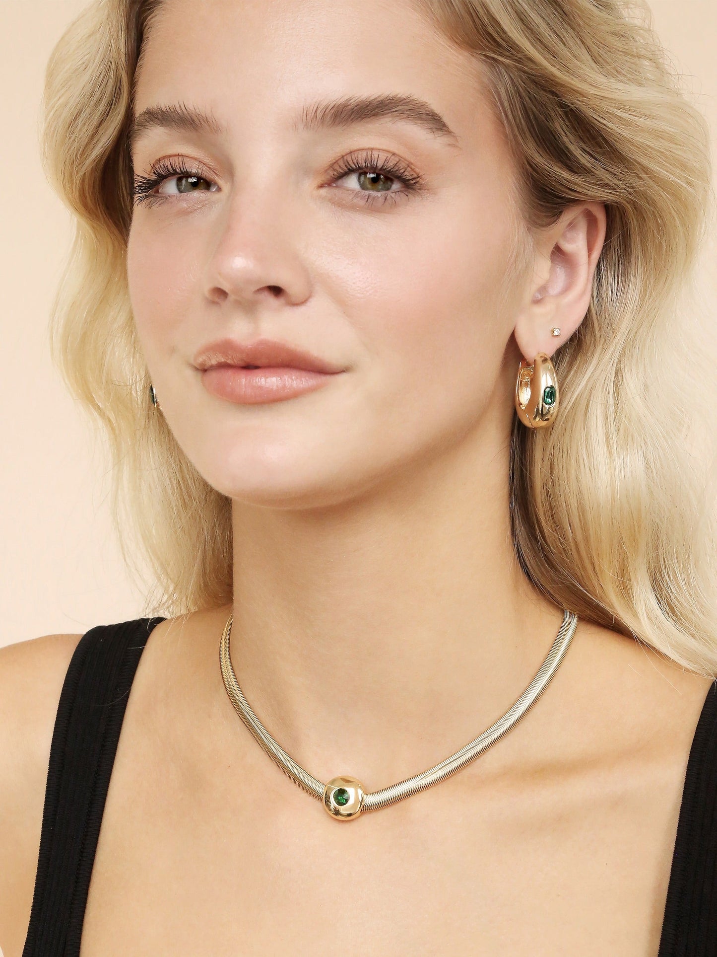 Emerald and Deco Style Hoop Earrings