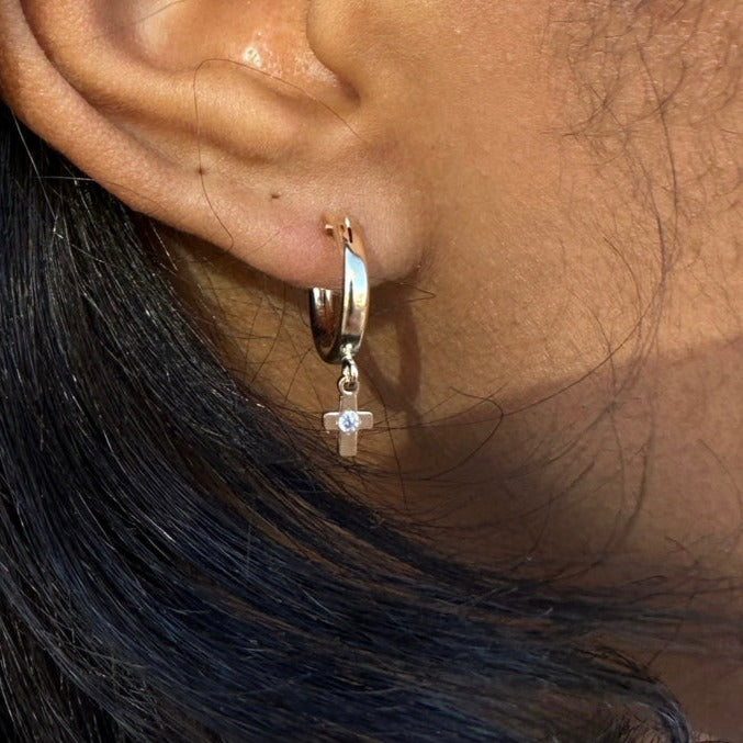 Dainty Mini Cross Hoop Earrings in Silver