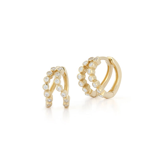 Double Diamond Bezel Wave Huggie Earrings in 14kt Gold