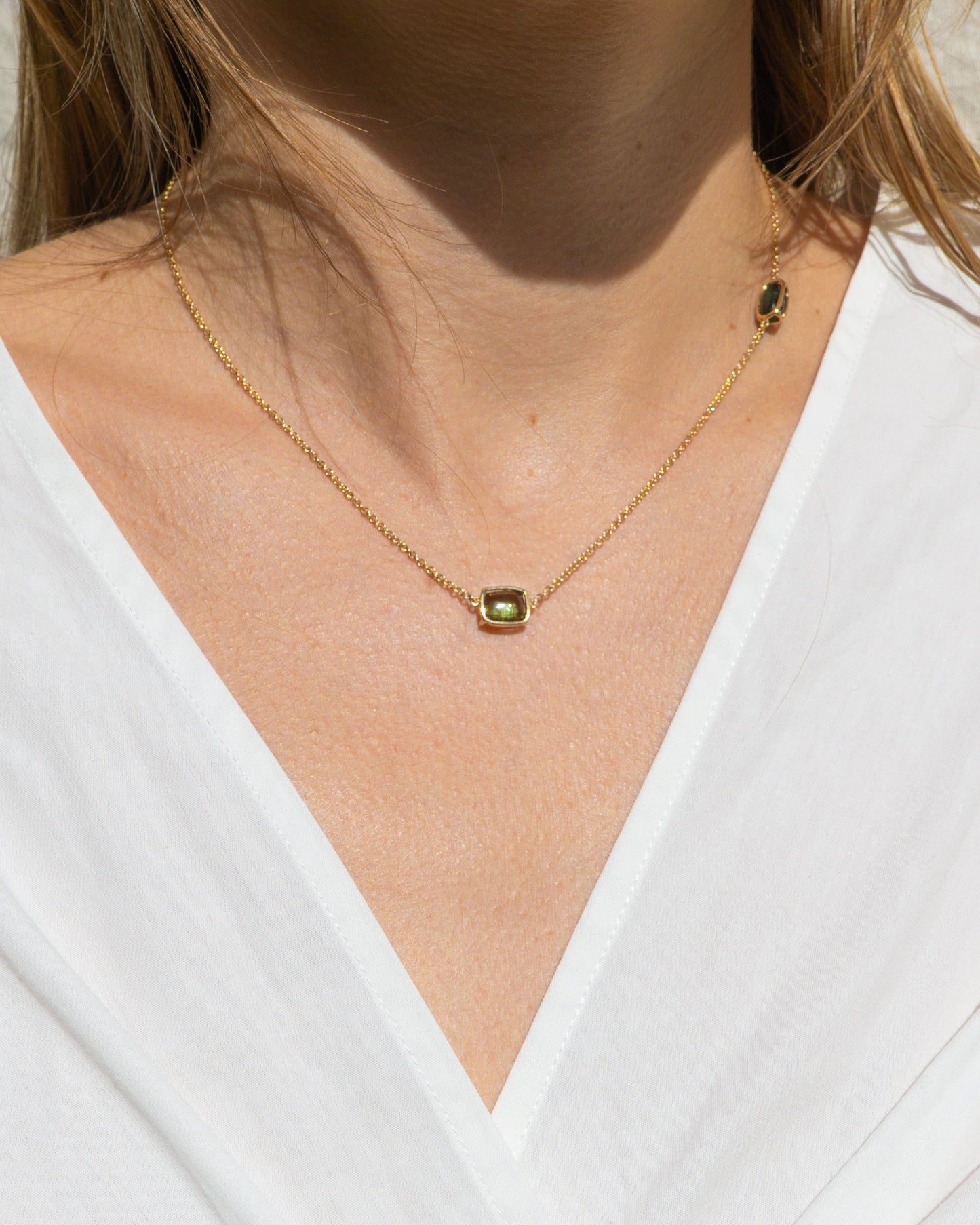 Twin Olive Tourmaline Floating Necklace in 14K Gold