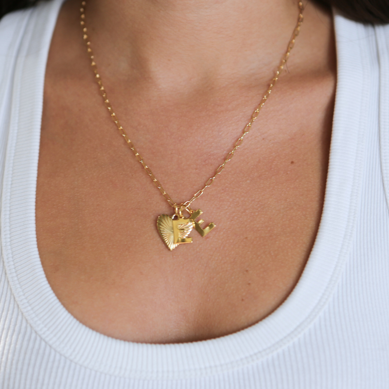 Custom Small Ribbed Gold Heart Initials Necklace