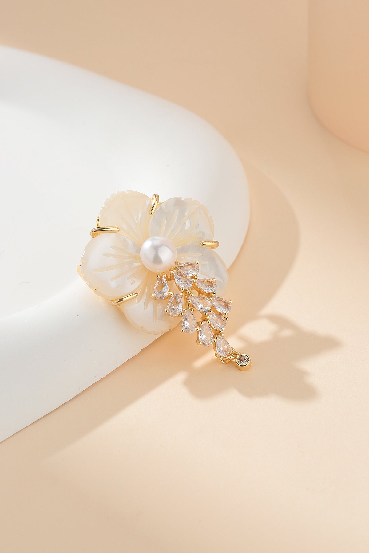 Shell Carved Flower Pearl and Cubic Zirconia Brooch