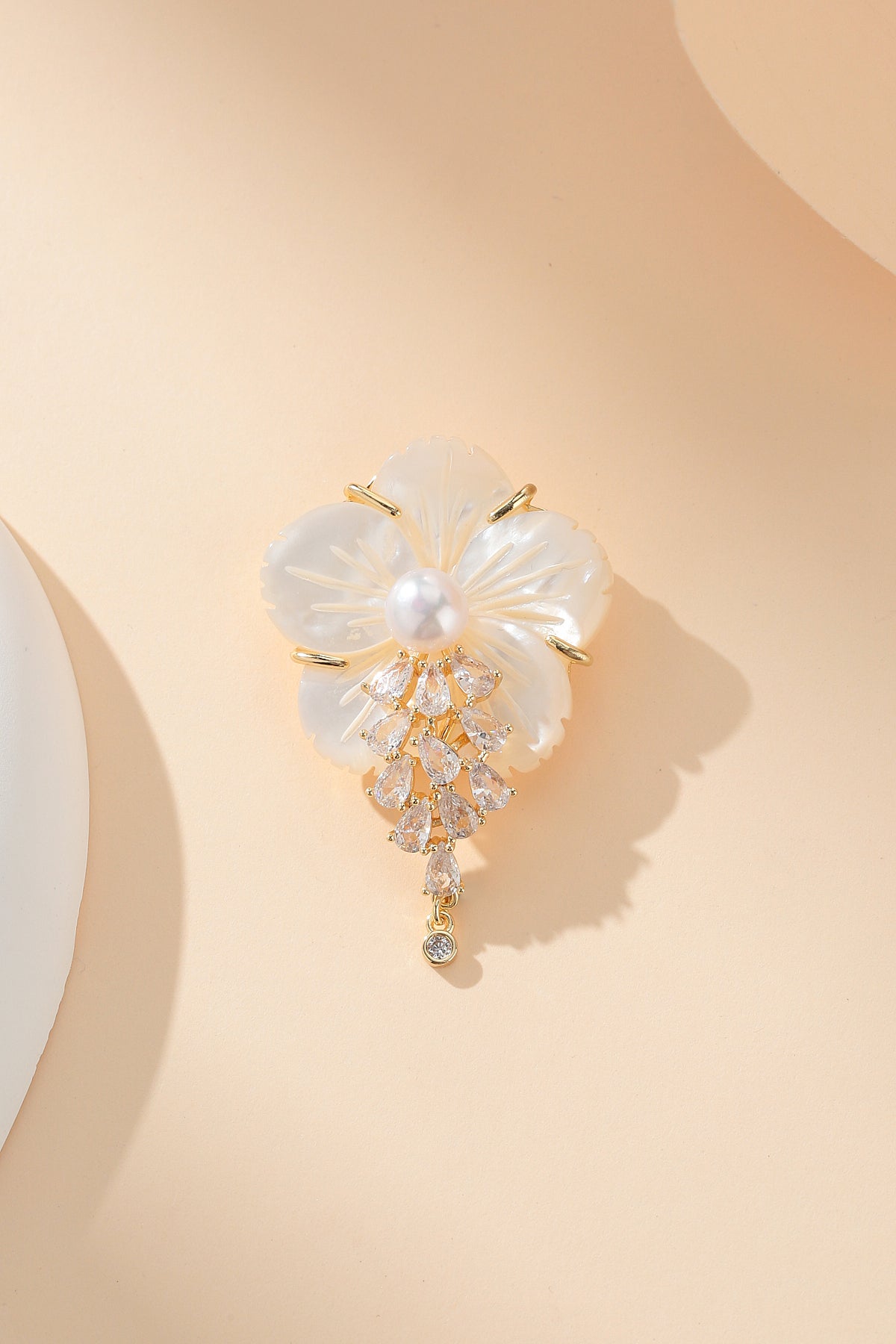 Shell Carved Flower Pearl and Cubic Zirconia Brooch