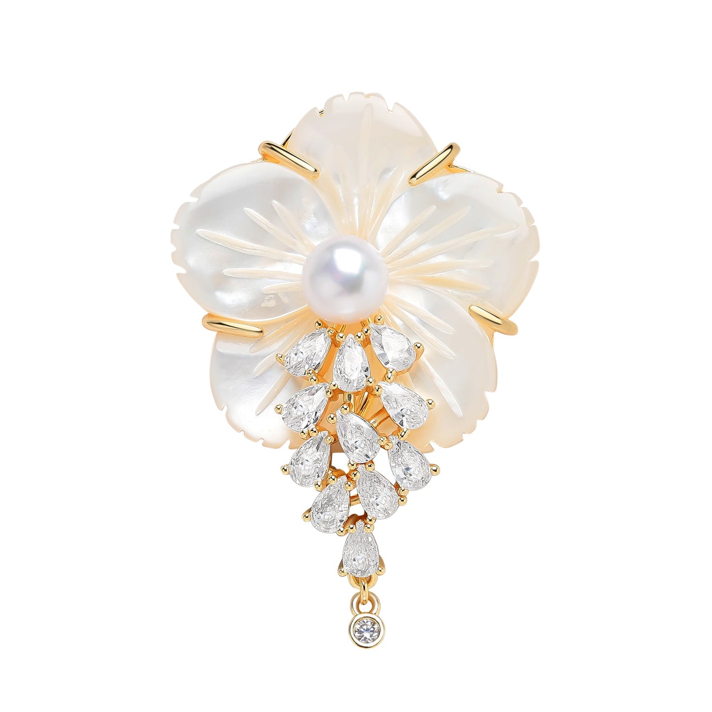 Shell Carved Flower Pearl and Cubic Zirconia Brooch