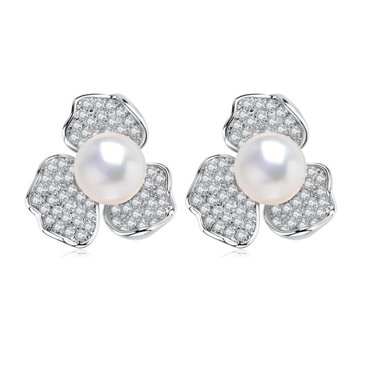 Floral Pearl Earrings with Cubic Zirconia Design