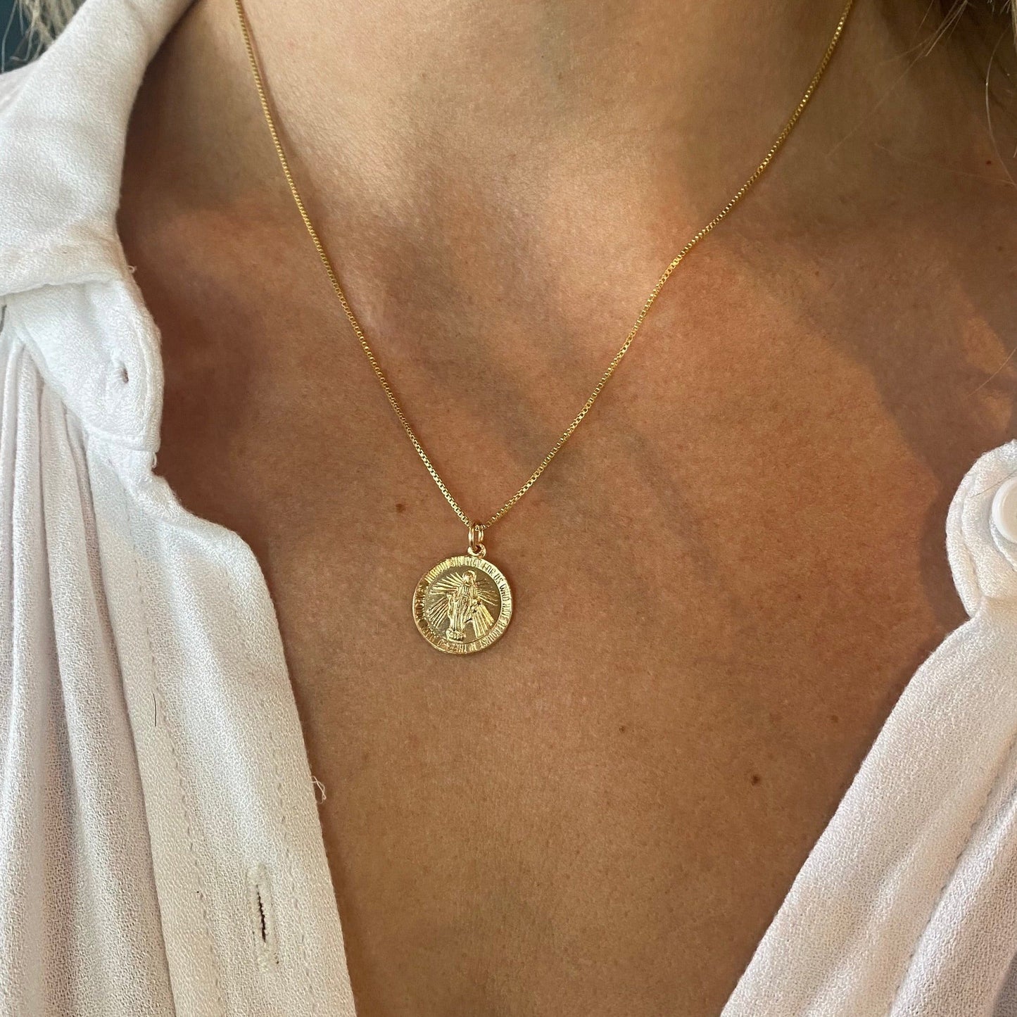 Gold Filled Miraculous Mary Pendant Necklace