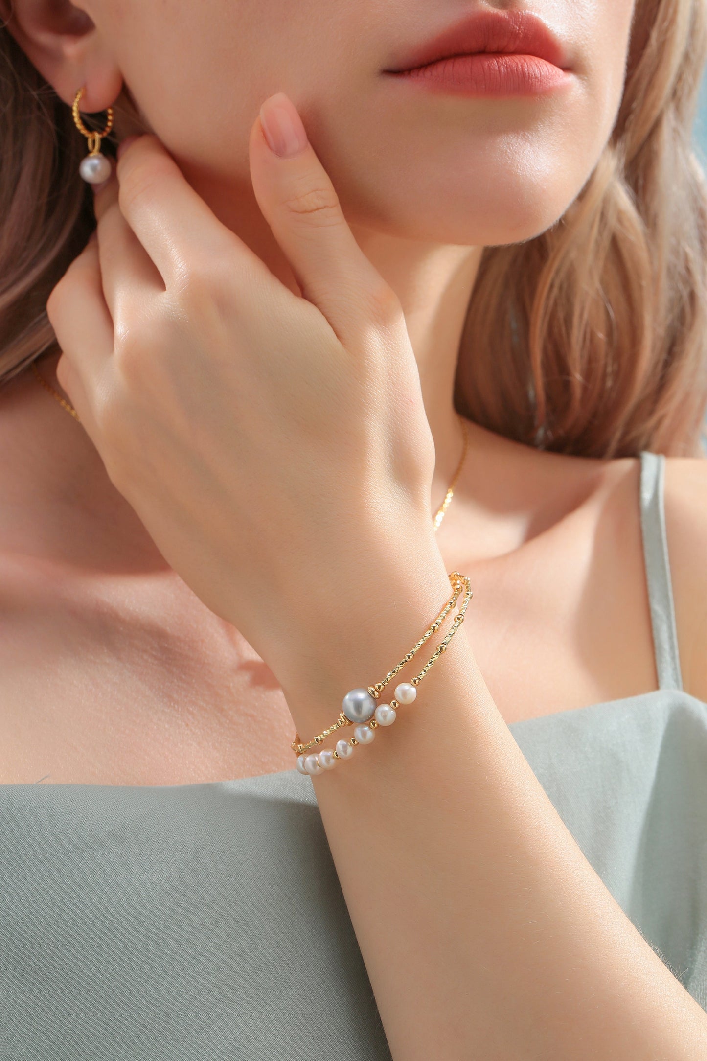 Gold Beaded Dual-Layer Grey Pearl Bracelet