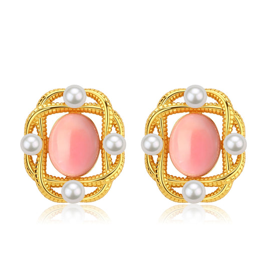 Square Pink Conch Shell Pearl Earrings in Gold Vermeil