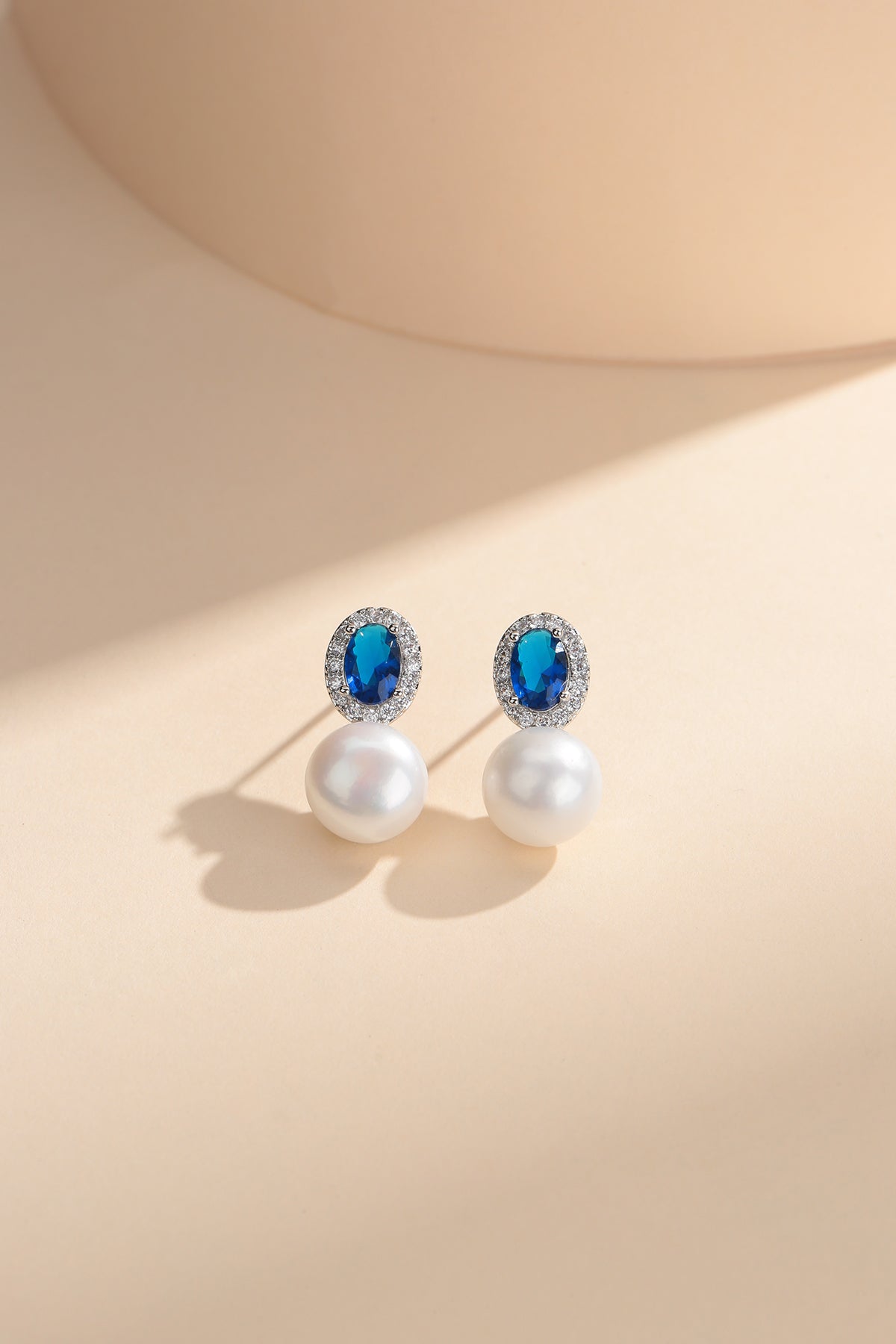 Blue Crystal and Pearl Earrings in Silver