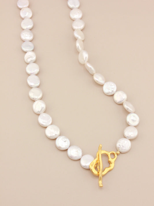 Simplified Title: Elegant Flat Pearl Toggle Necklace