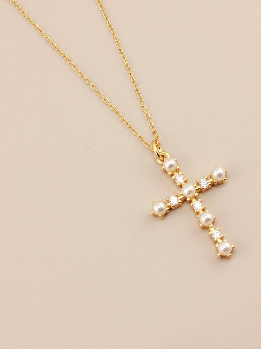 Simple Pearl Cross Chain Necklace