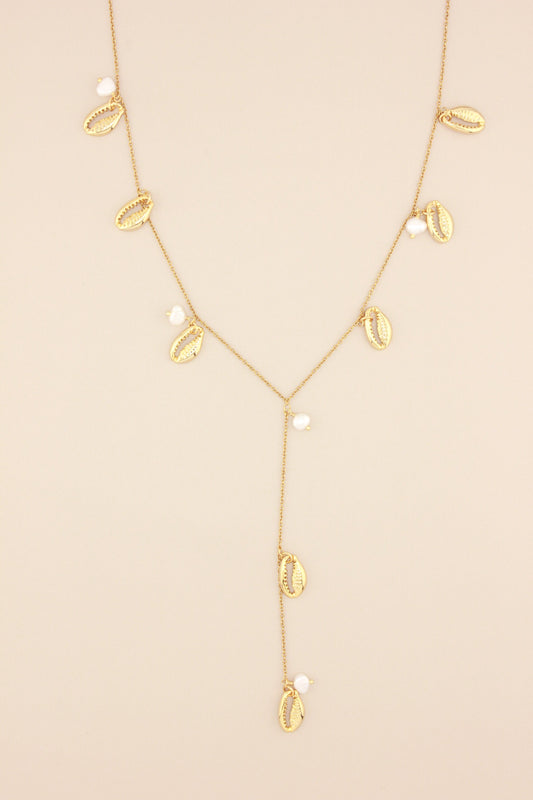 V Drop Necklace with Shell and Pearl Design