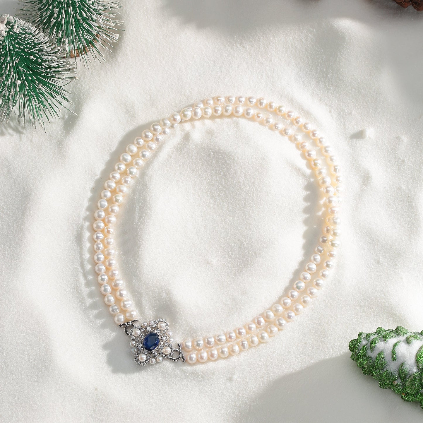 Double Layer Pearl and Sapphire Choker Necklace