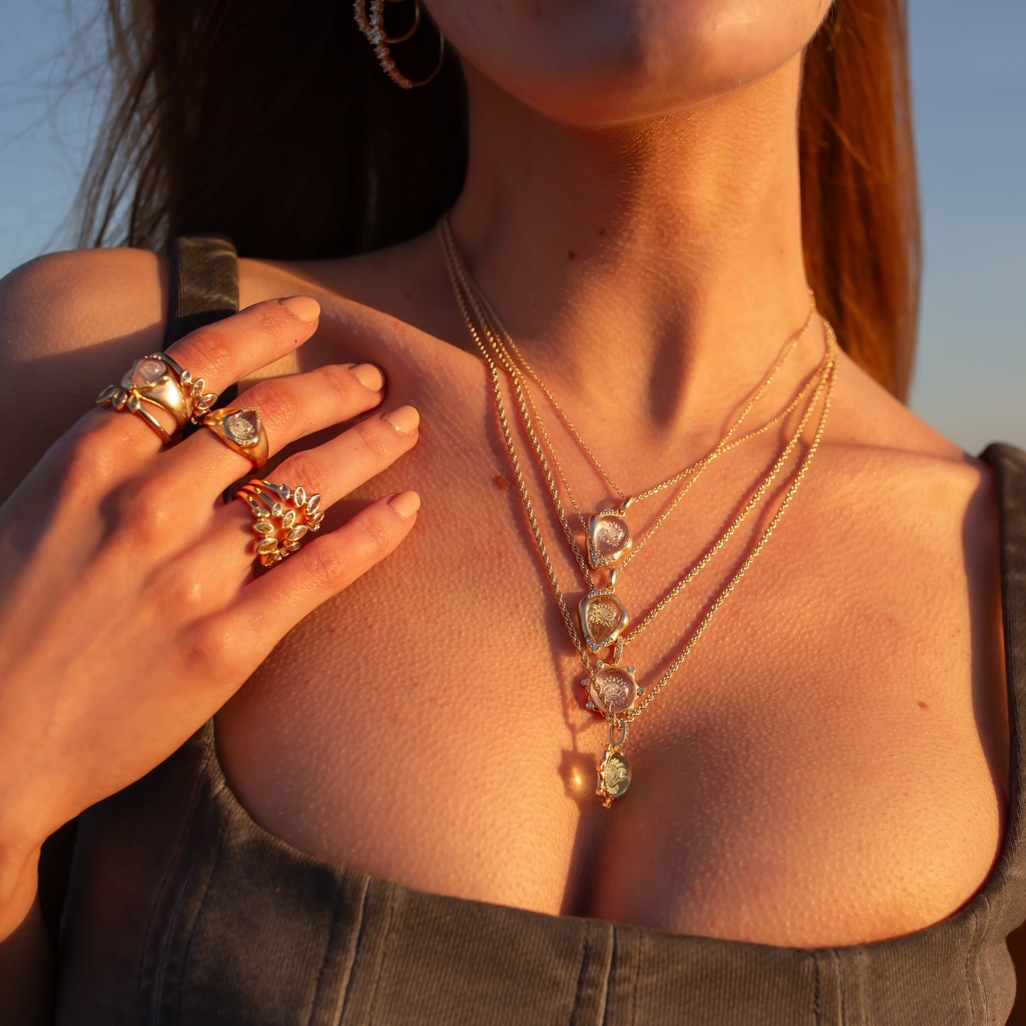 Green Quartz Teardrop Necklace with Seeing Eye Design