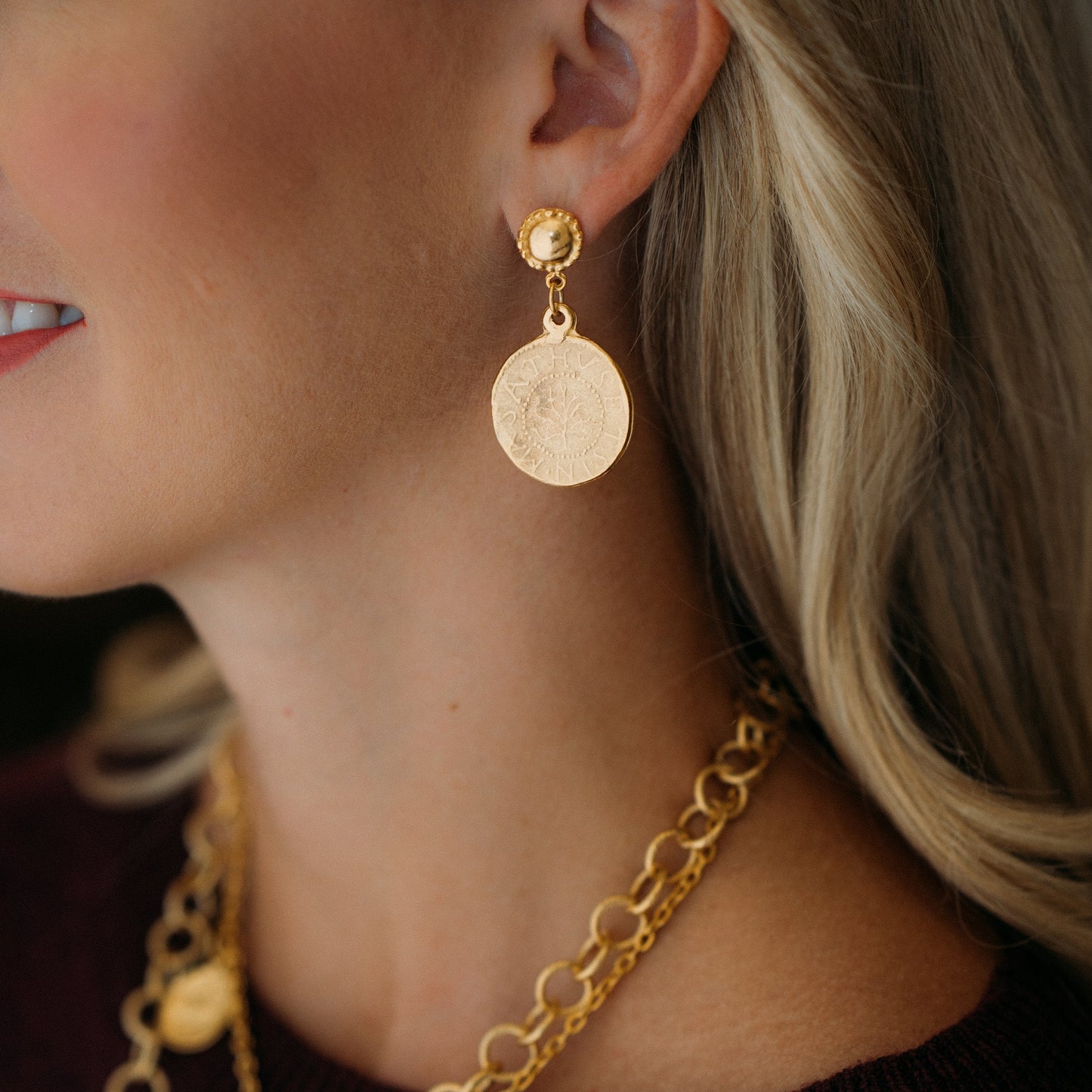 Coin Design Earrings in Gold Finish