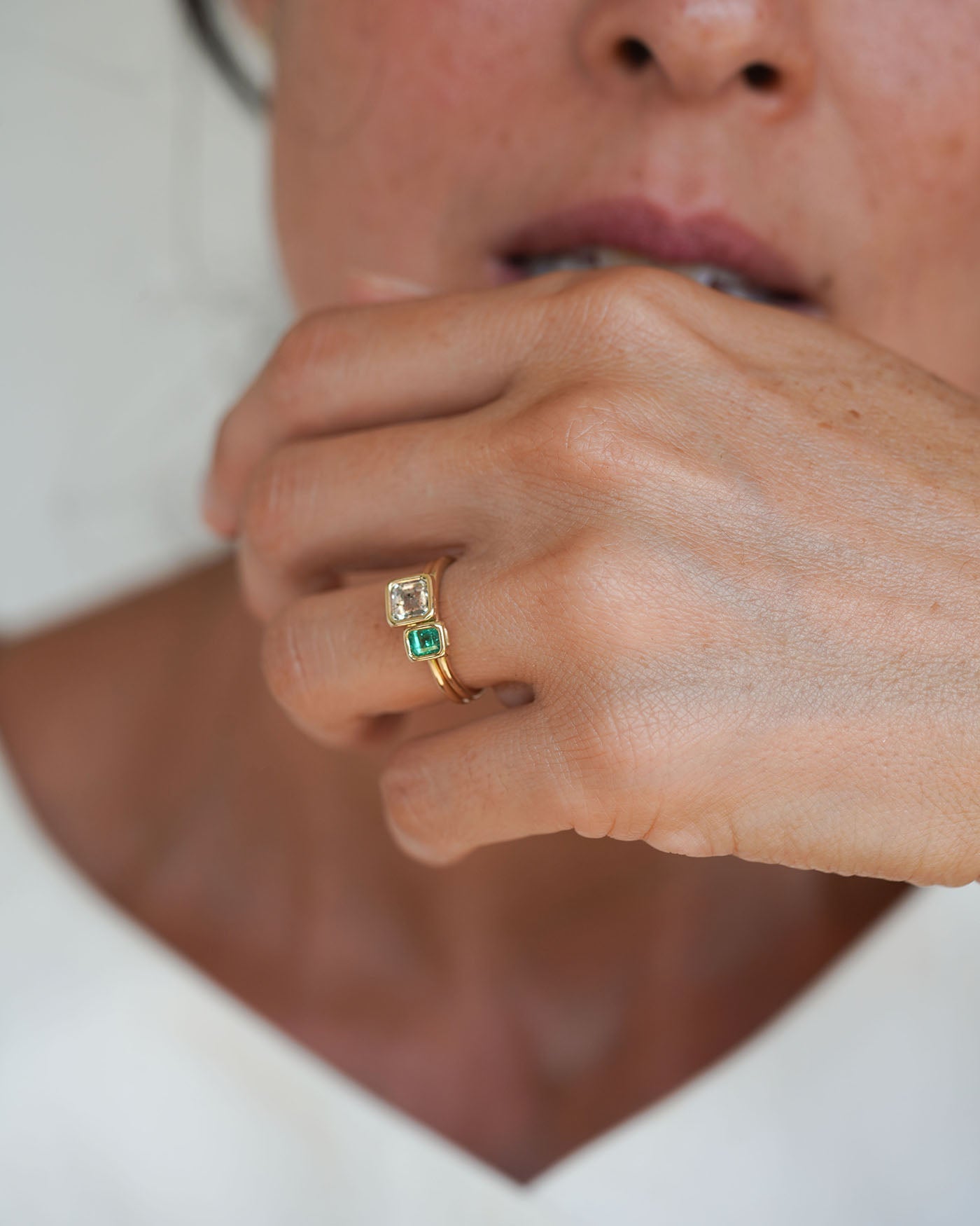 14K Floating Diamond and Emerald Toi et Moi Rings