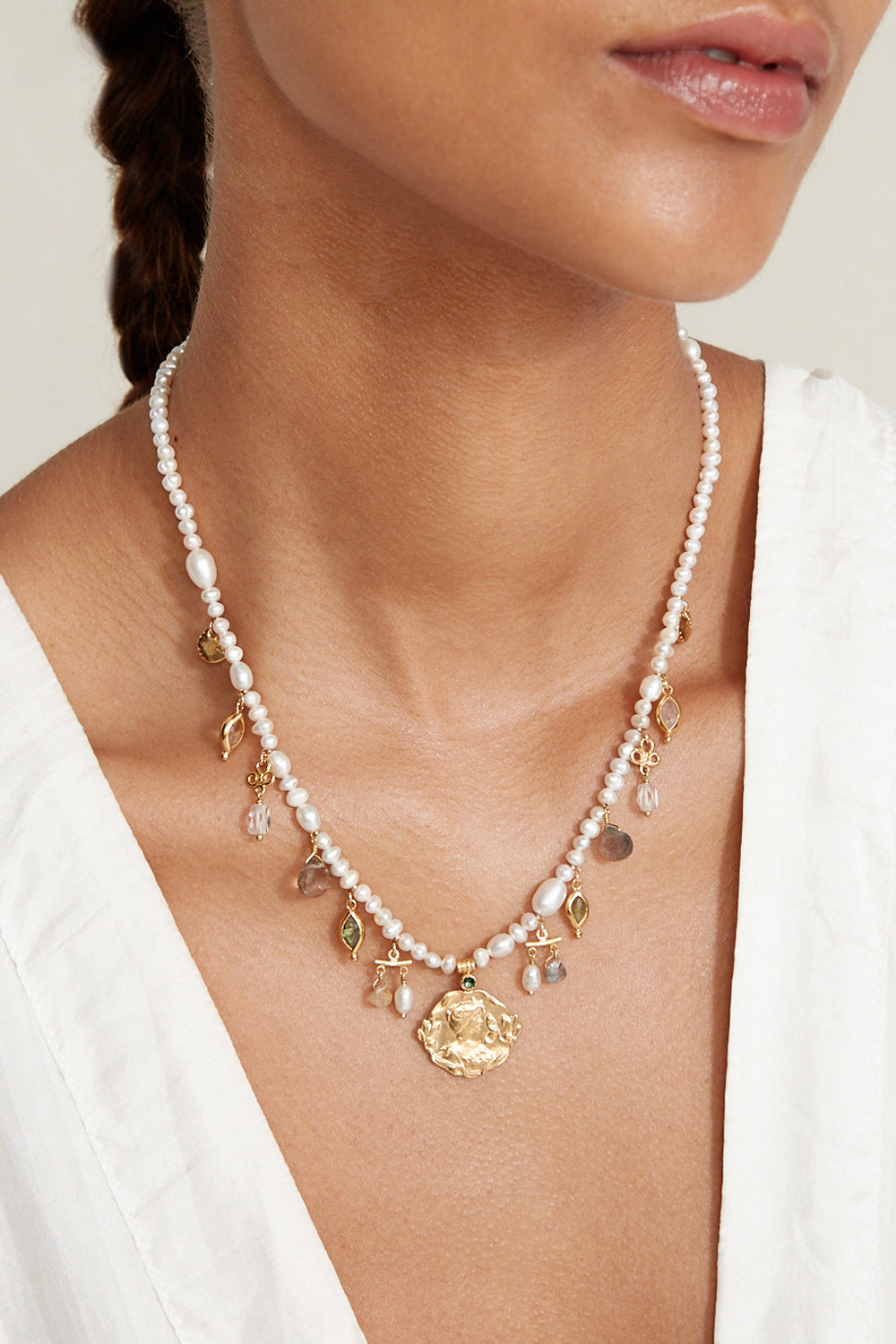 White Pearl Charm Necklace with Mixed Design