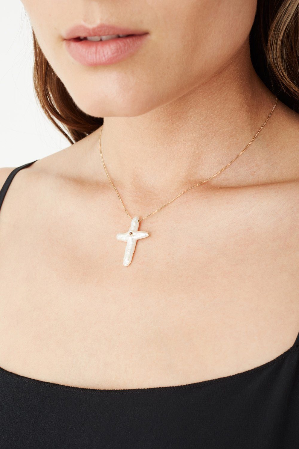 White Baroque Pearl Cross Necklace with Champagne Diamonds