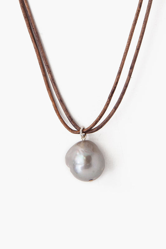 Baroque Pearl Leather Cord Necklace in Grey