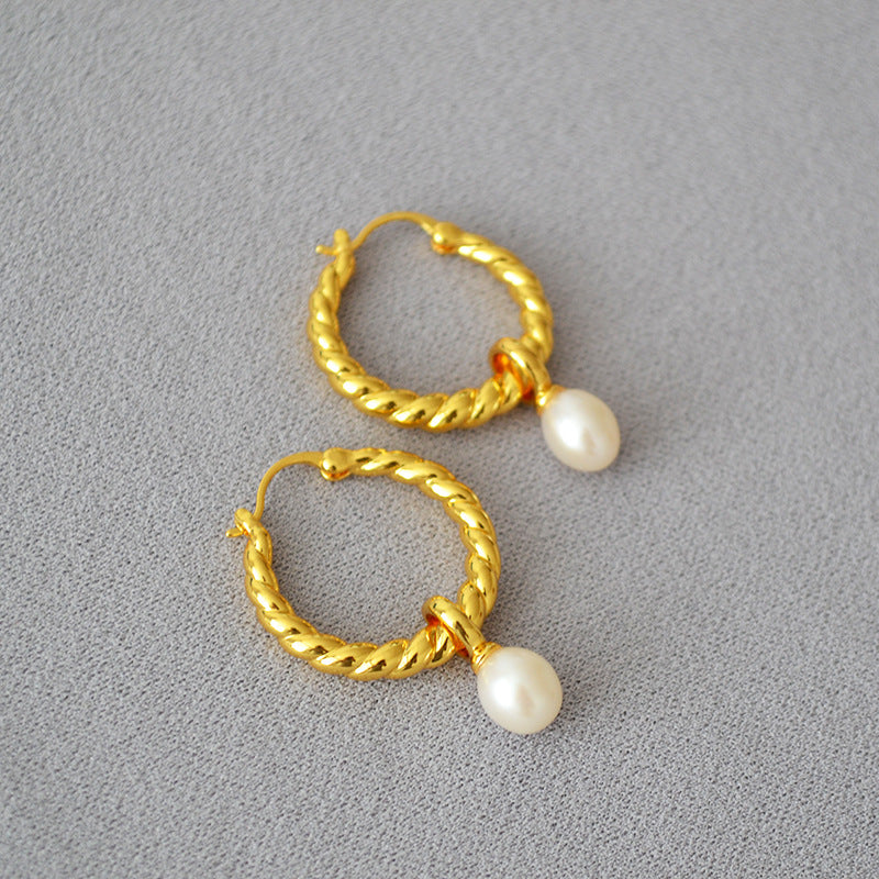 Twisted Hoop Earrings with Freshwater Pearls