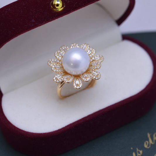 Freshwater Pearl and Cubic Zirconia Floral Ring 1