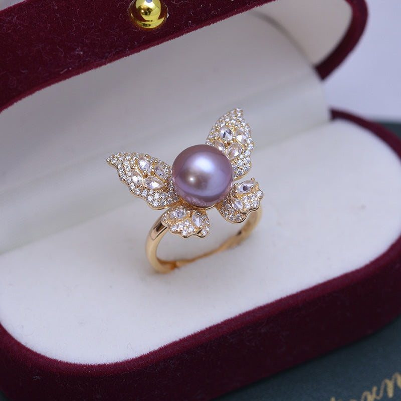 Freshwater Pearl and Cubic Zirconia Butterfly Ring