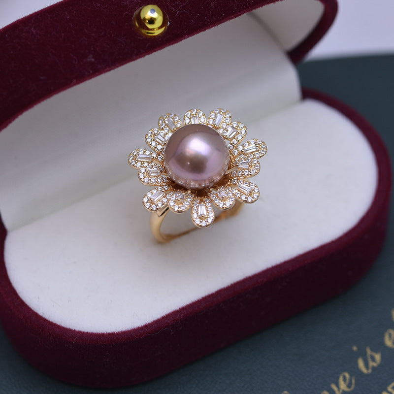 Freshwater Pearl and Cubic Zirconia Floral Ring 1