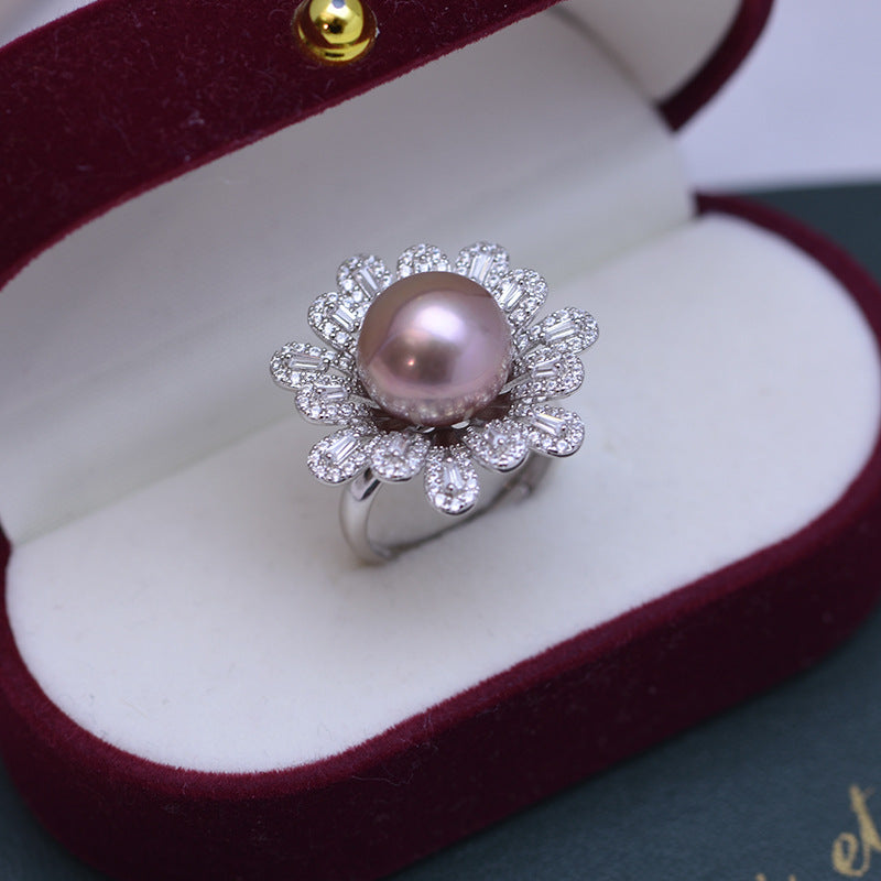 Freshwater Pearl and Cubic Zirconia Floral Ring 1