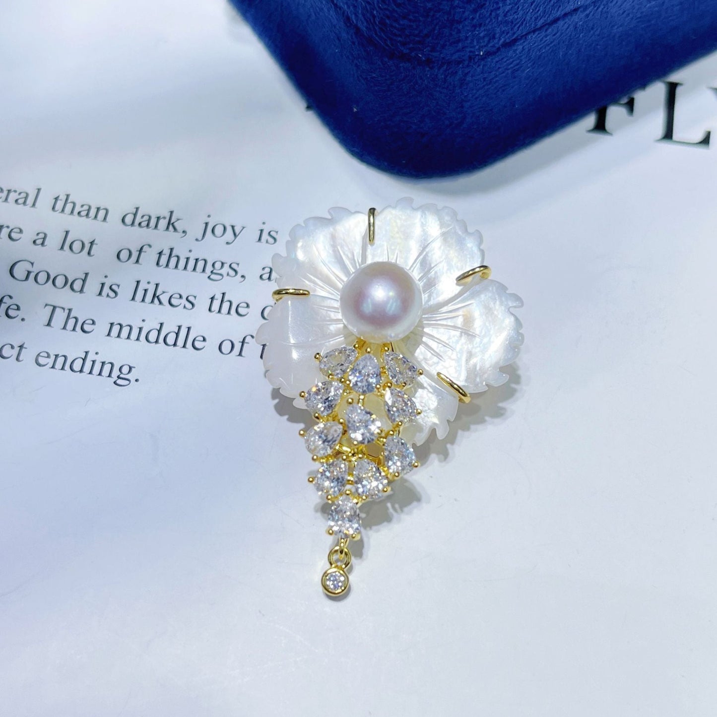 Shell Carved Flower Pearl and Cubic Zirconia Brooch