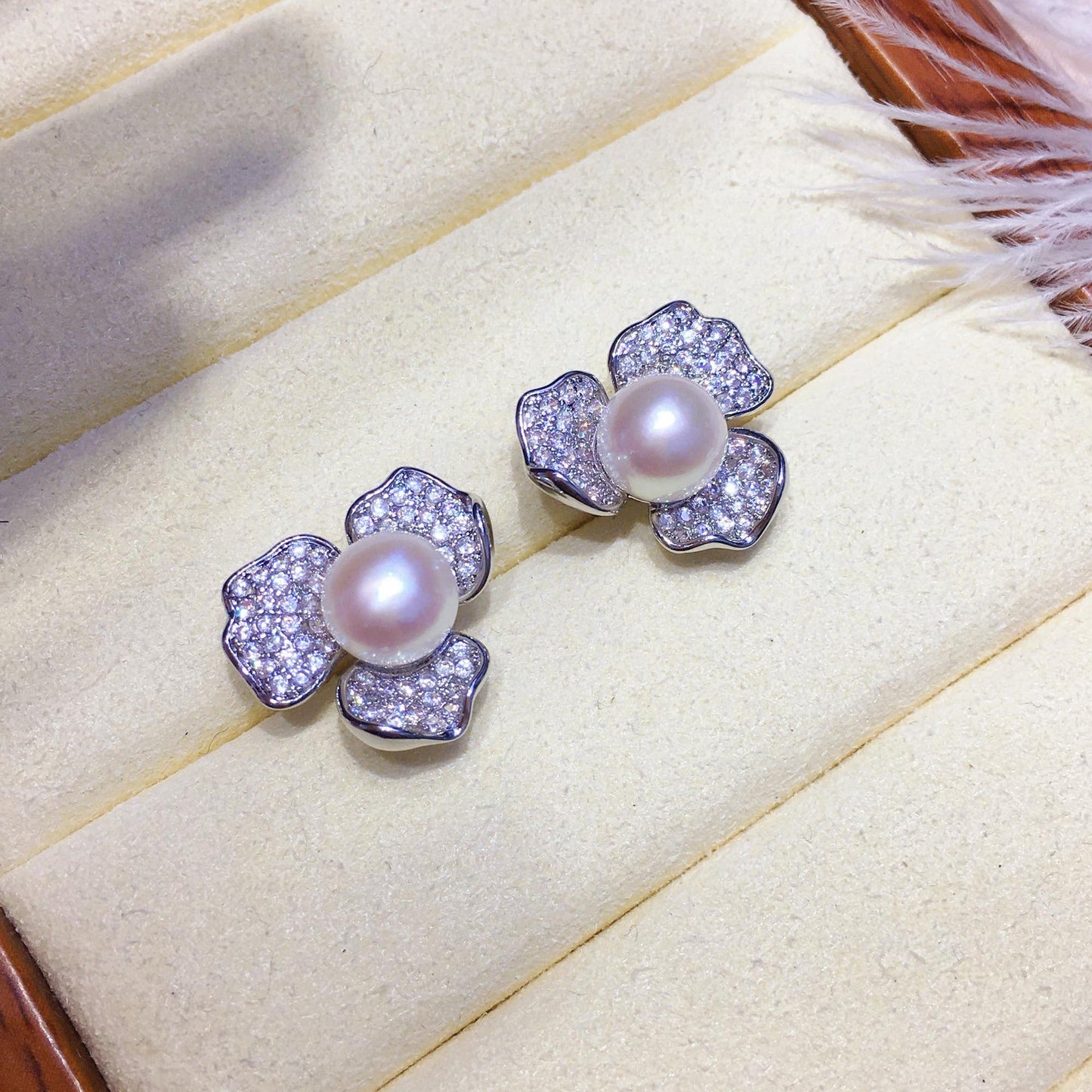 Floral Pearl Earrings with Cubic Zirconia Design