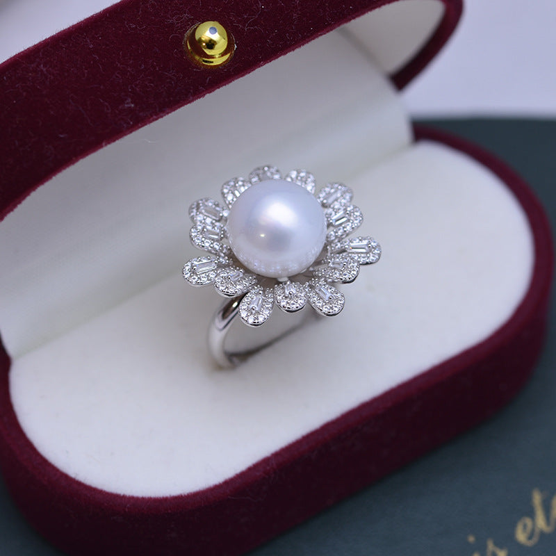 Freshwater Pearl and Cubic Zirconia Floral Ring 1