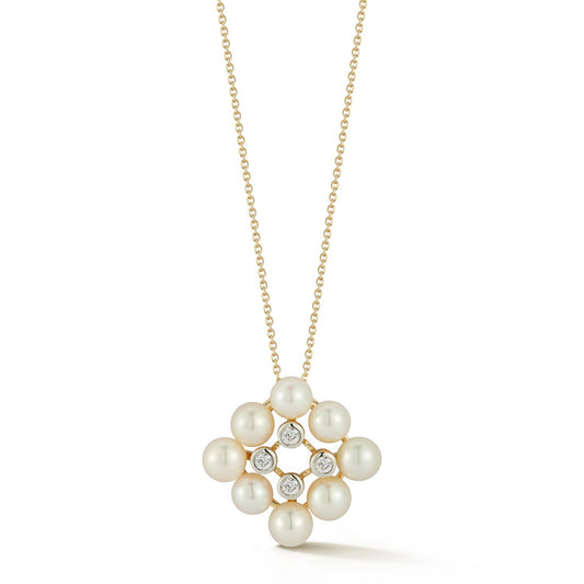 Pearl and Diamond Cluster Necklace in 14kt Gold