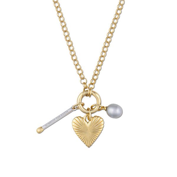 Small Ribbed Heart of Gold Necklace with Gray Cloud Pearl