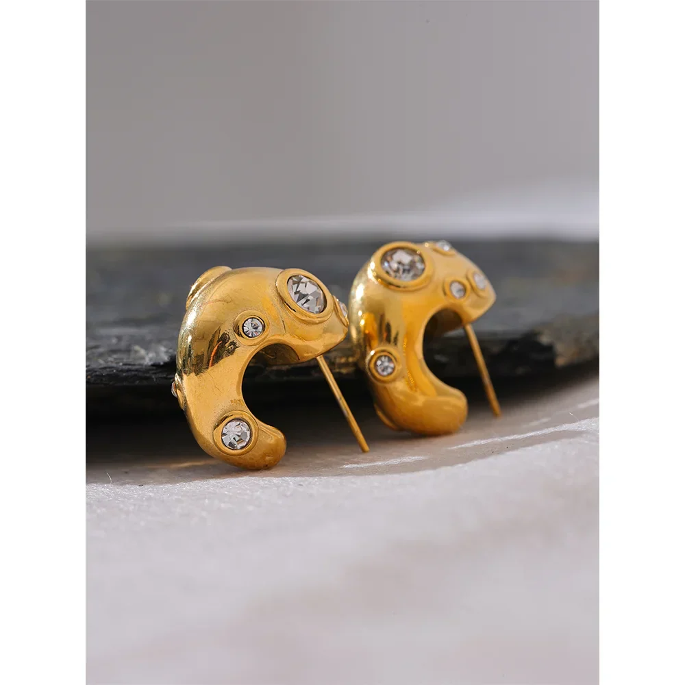 Elegant Gold C-Shape Earrings with Cubic Zirconia