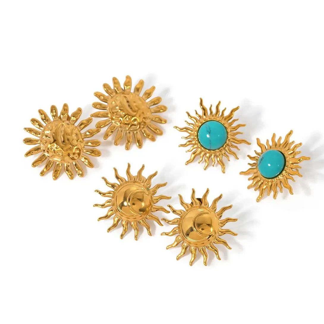 Turquoise Sunflower Ear Clips in Gold