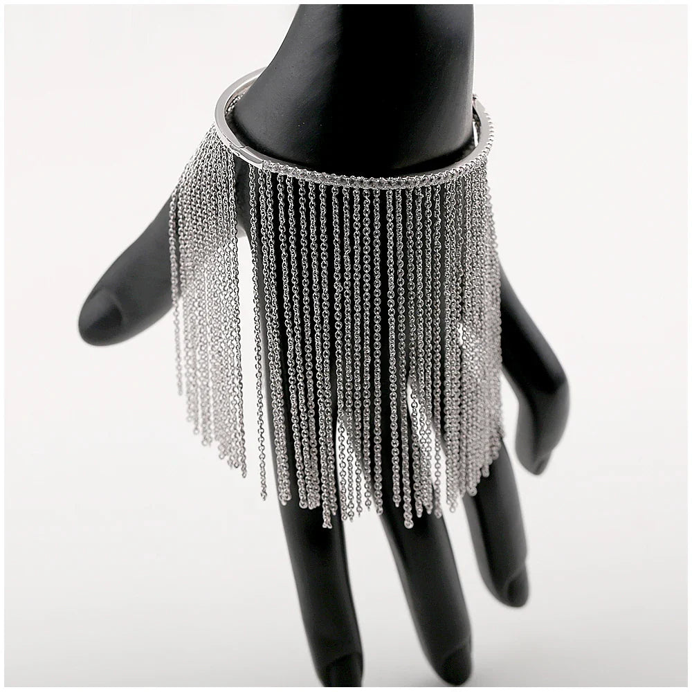 Silver Tassel Bangle with Zircon for Women