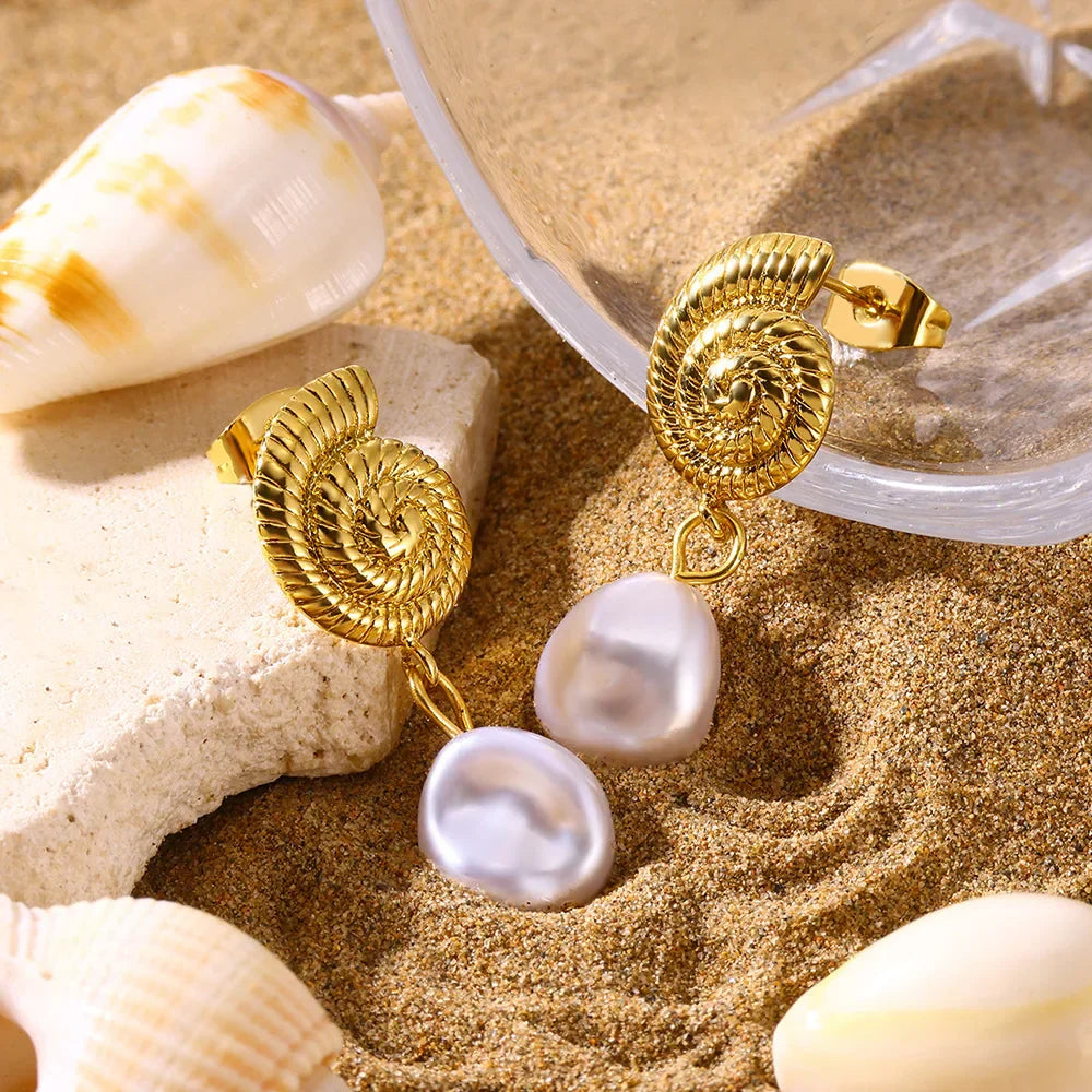 Geometric Gold Earrings with Pearl and Conch Shell