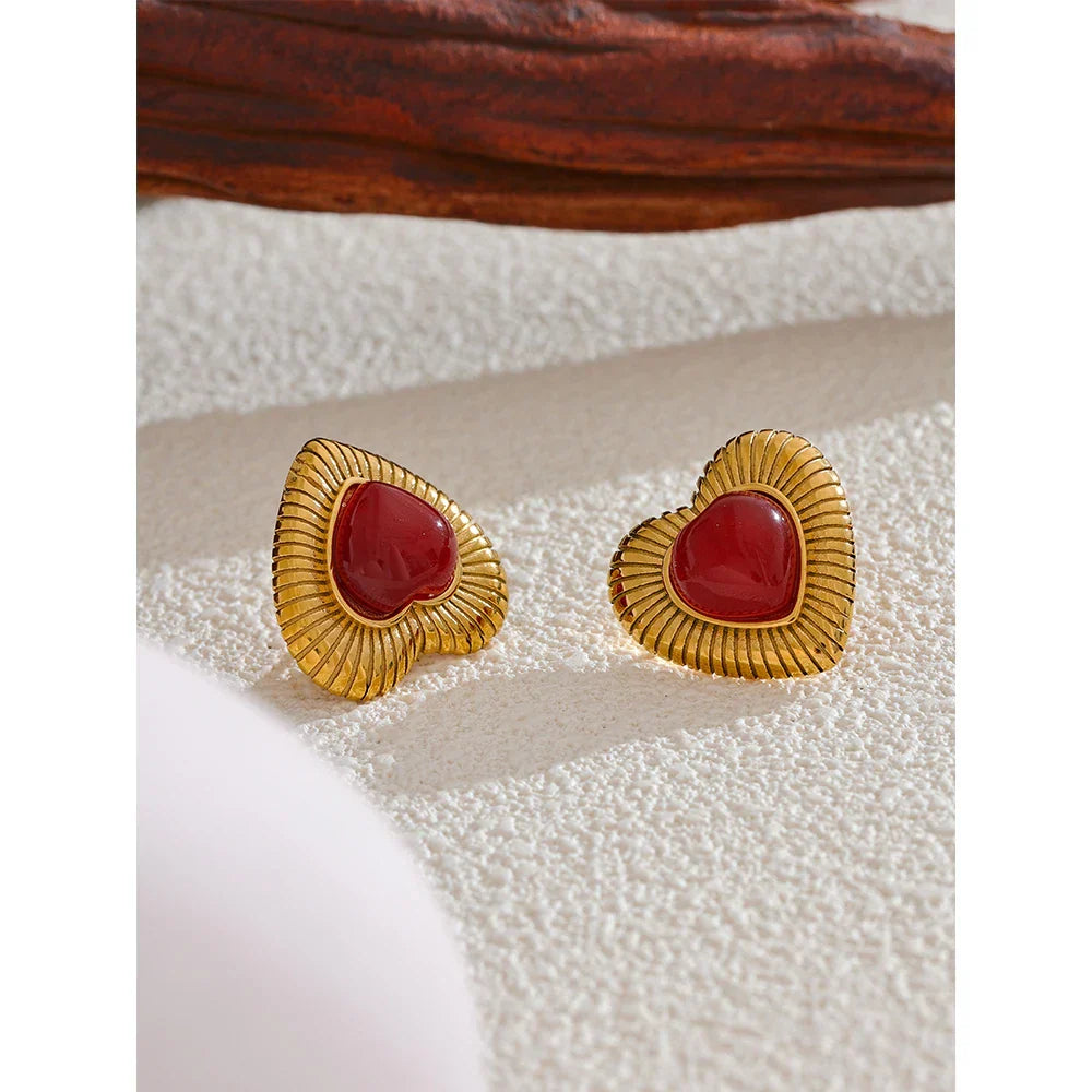 Red Agate Heart Charm Earrings for Women