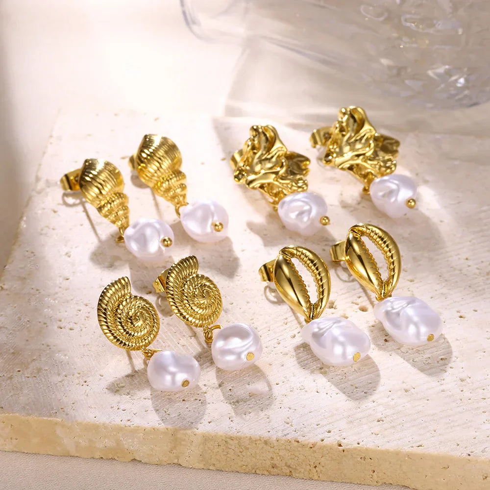 Geometric Gold Earrings with Pearl and Conch Shell