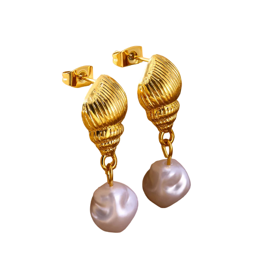 Geometric Gold Earrings with Pearl and Conch Shell