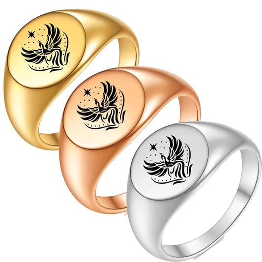 Stainless Steel Signet Ring with Phoenix Fire Design