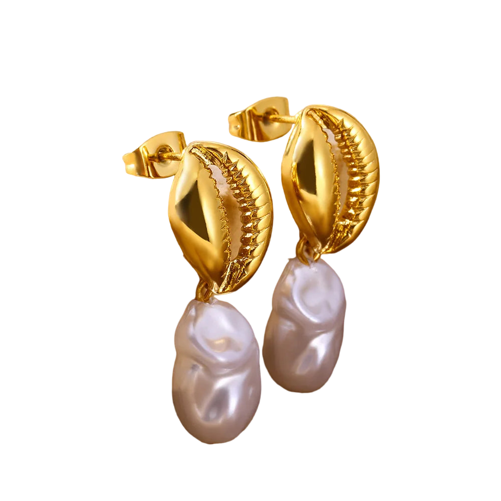 Geometric Gold Earrings with Pearl and Conch Shell