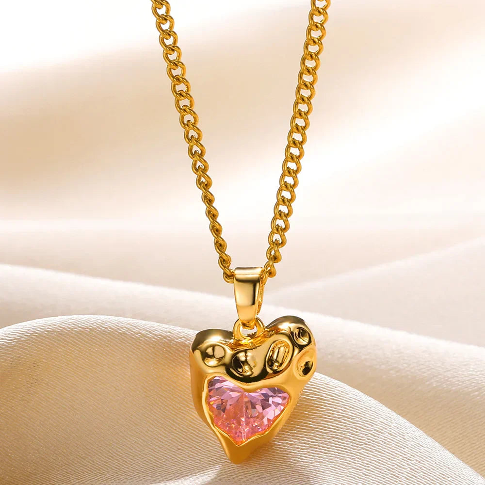 Zircon Necklace with Gold Heart Design