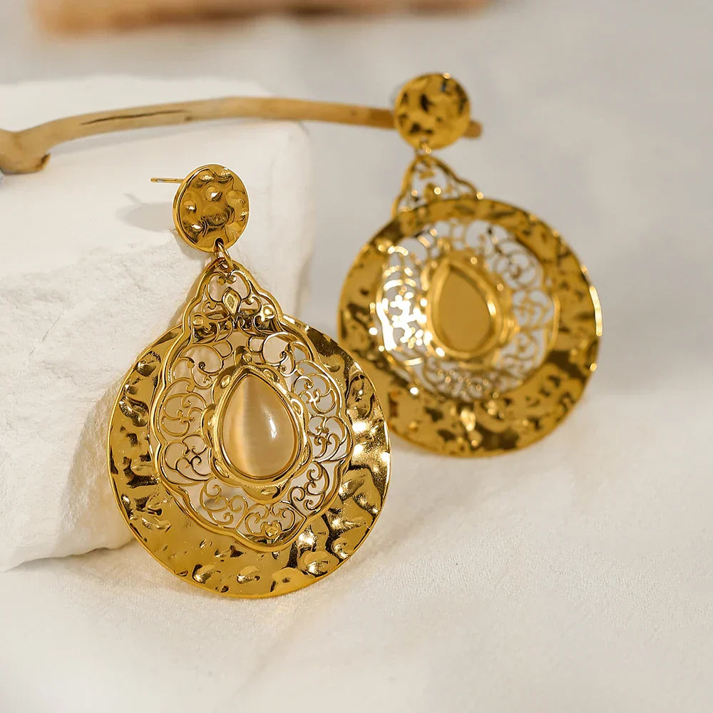 Vintage Opal Drop Earrings in Gold-Plated Metal