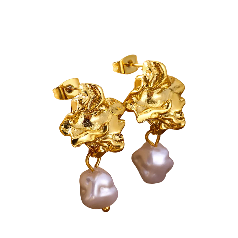 Geometric Gold Earrings with Pearl and Conch Shell