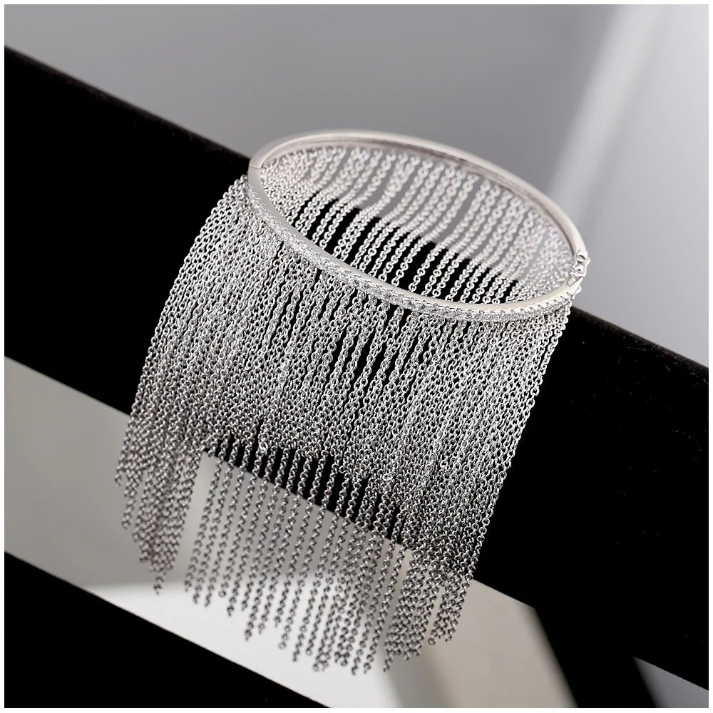 Silver Tassel Bangle with Zircon for Women