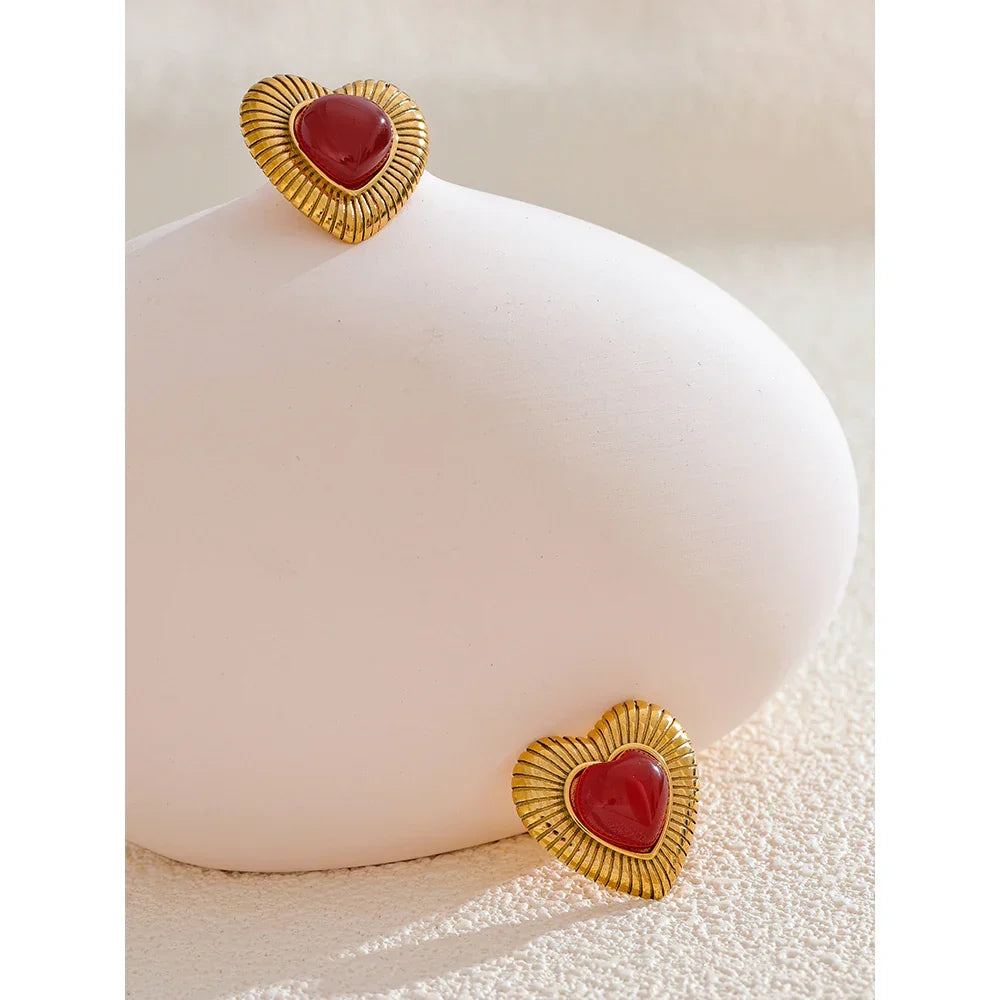 Red Agate Heart Charm Earrings for Women