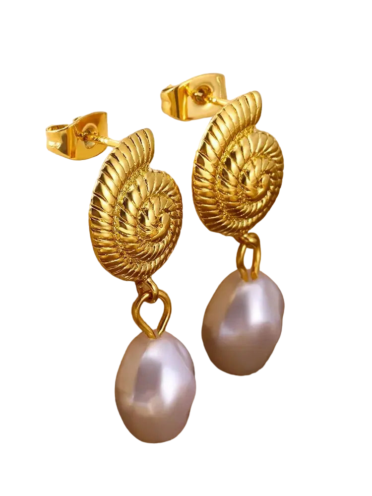 Geometric Gold Earrings with Pearl and Conch Shell