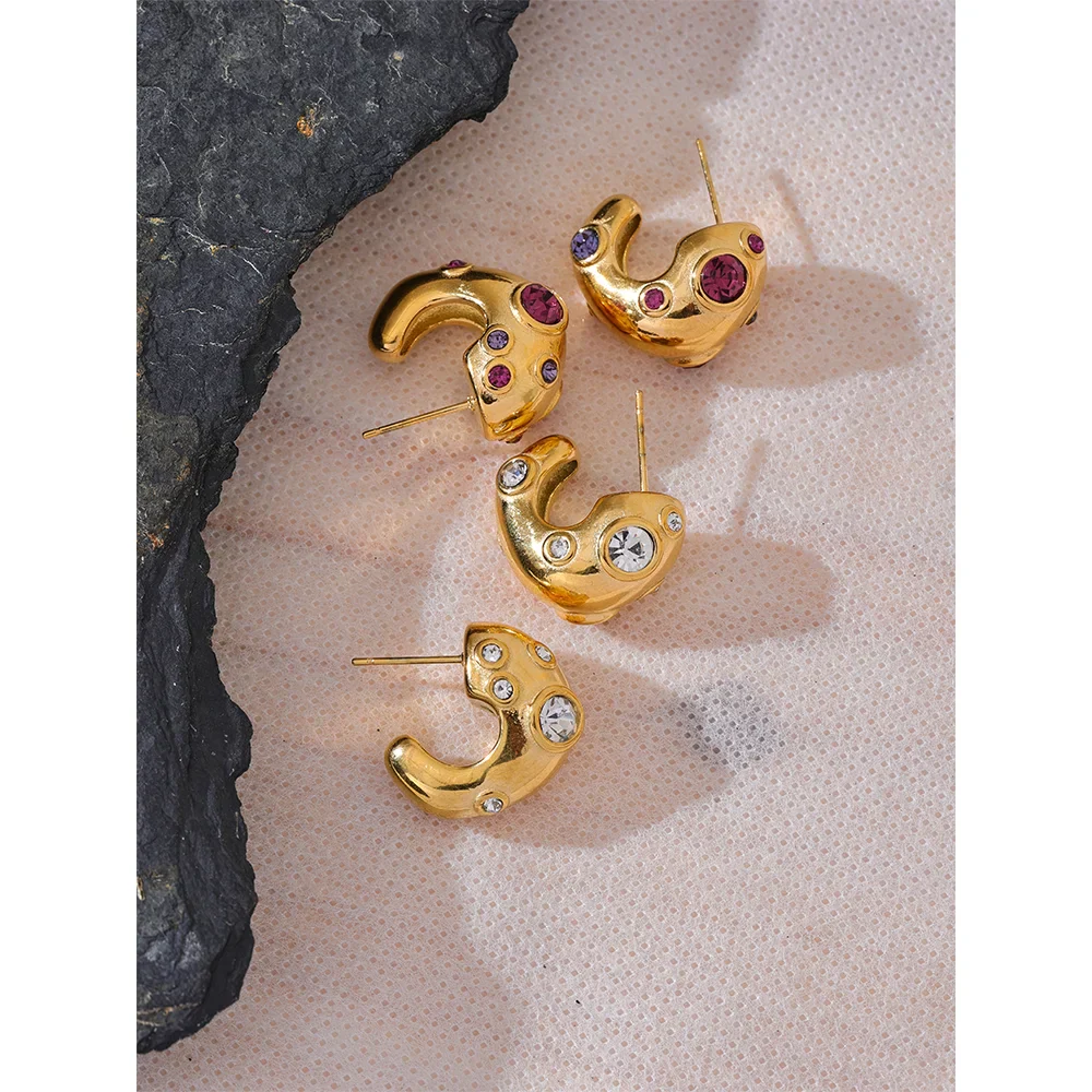 Elegant Gold C-Shape Earrings with Cubic Zirconia